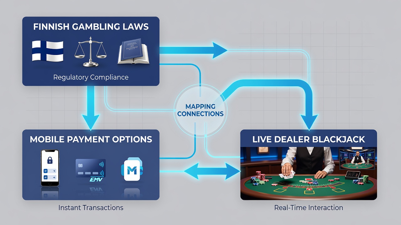 Diagram of mobile payment flows intersecting with regulated Finnish gambling and blackjack strategy charts