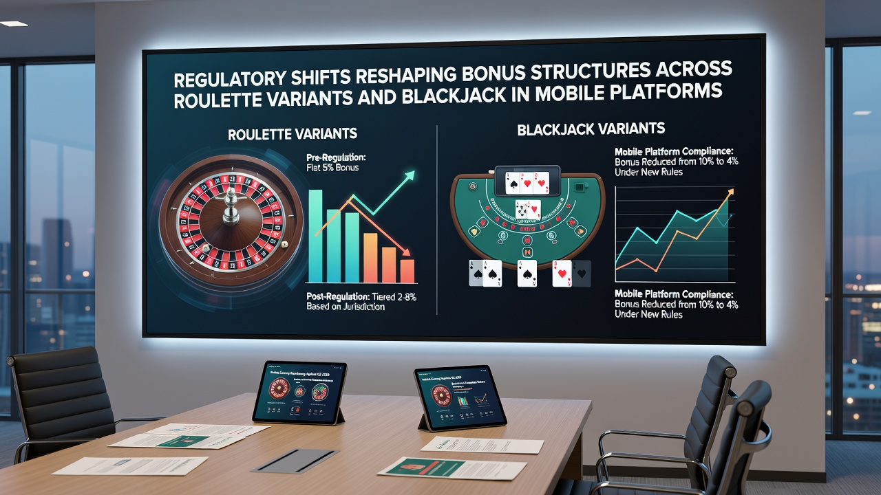 Mobile app interfaces showing updated bonus structures for roulette and blackjack under new regulations